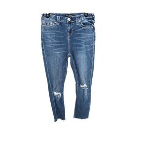 True Religion Womens Halle Mid Rise Super Skinny Distressed Jeans Sz 29 Denim Bl